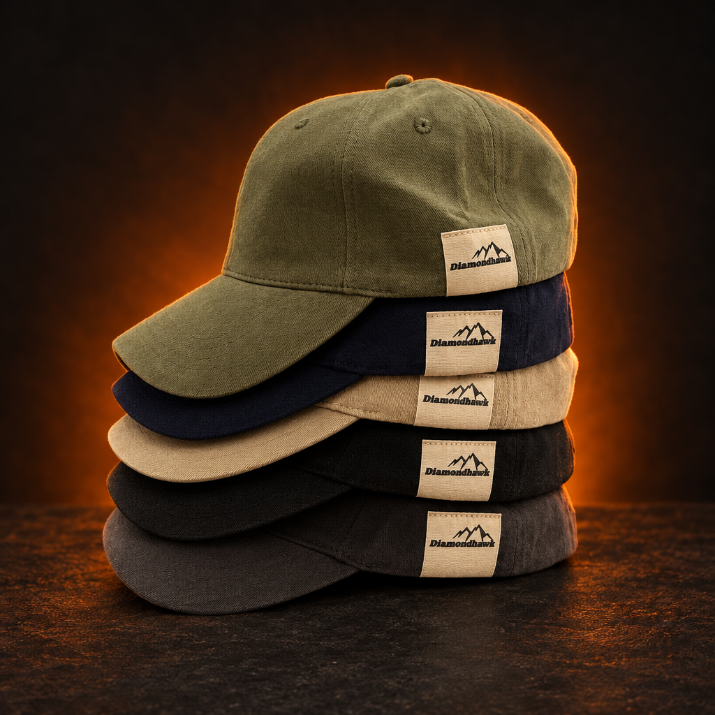 Diamondhawk hats with a dark studio background and orange accent lighting