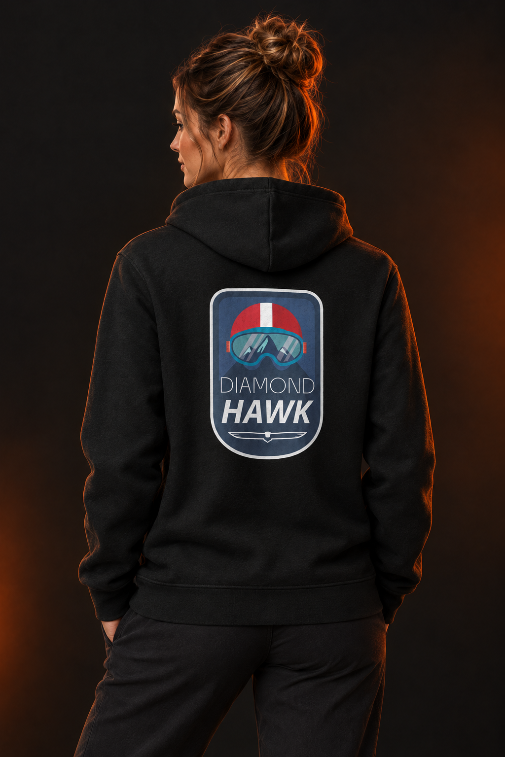 Female model in a slightly turned pose wearing the Down Hill Racer hoodie