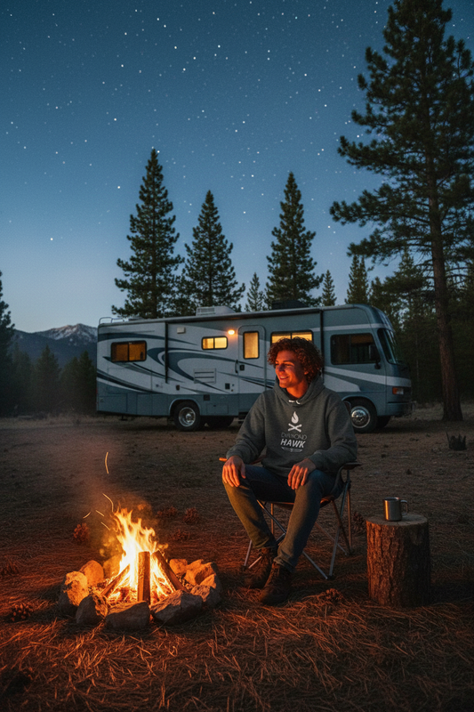 Camp Wood Hoodie worn by person camping by RV and campfire
