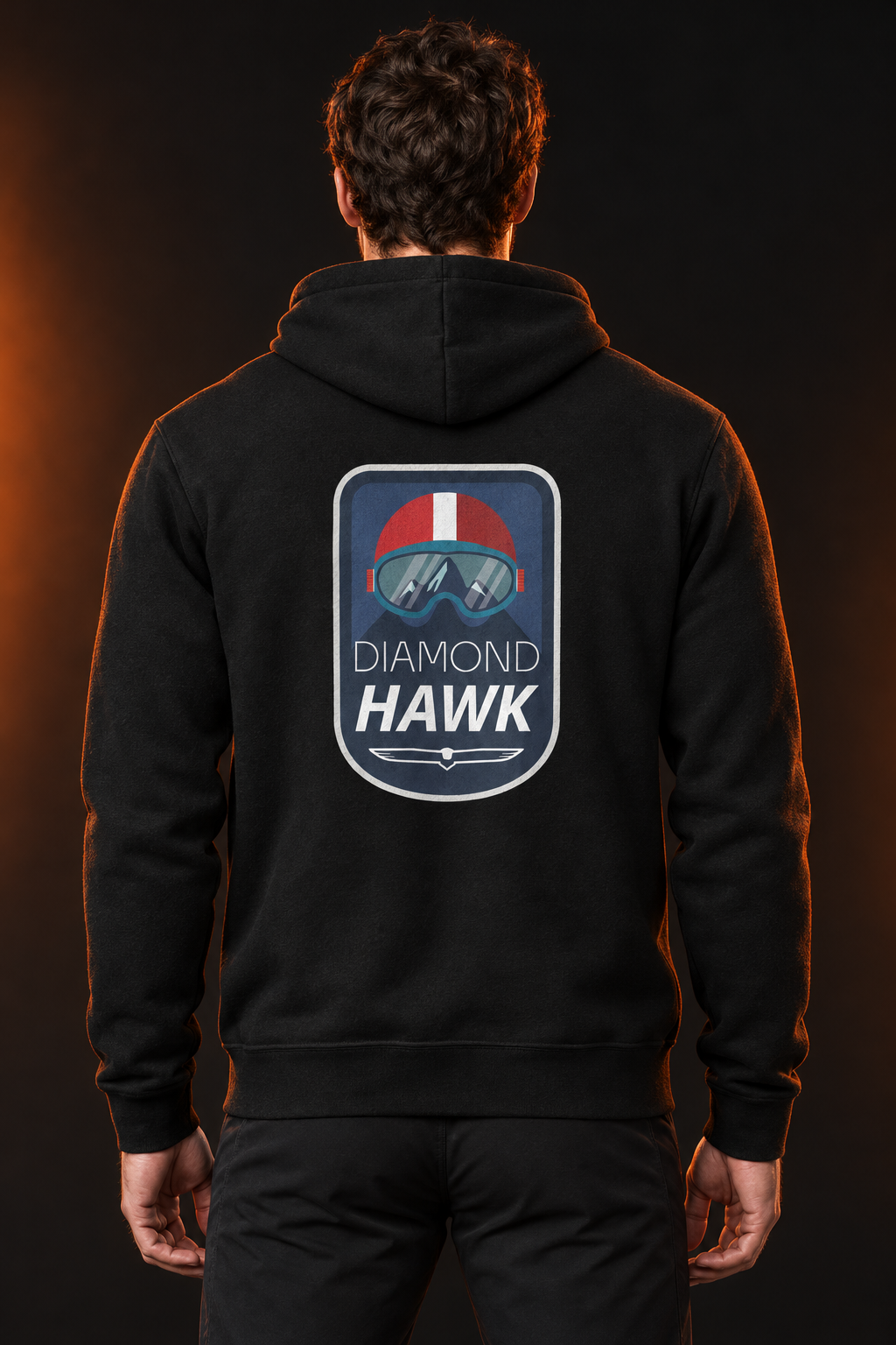 Model wearing the Down Hill Racer hoodie with the back graphic visible