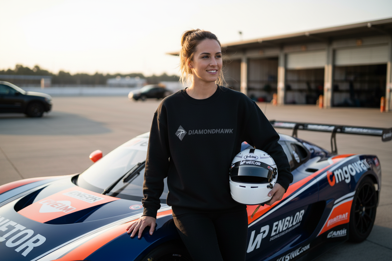 Woman with race car wearing Classic Crew Sweatshirt